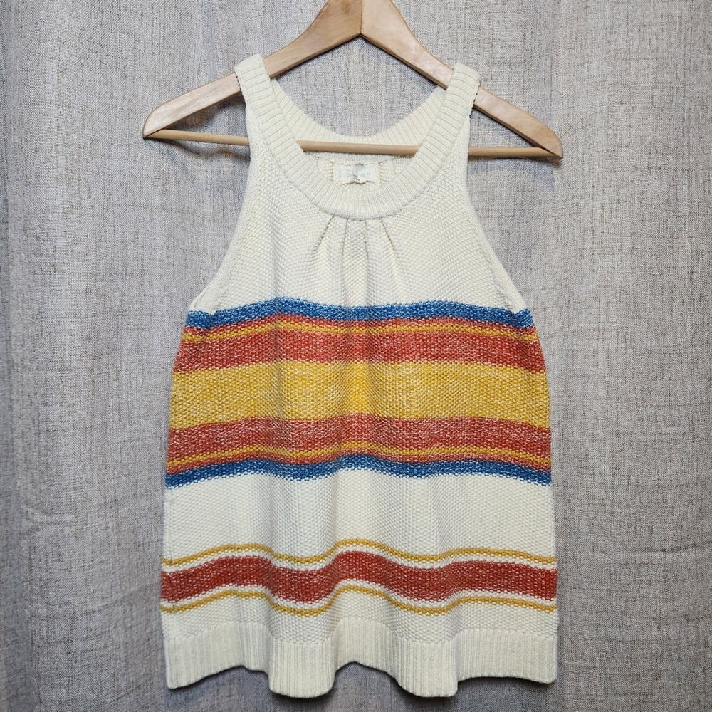 Caslon Women's Sleeveless Halter Neck Tank Top Size M Striped Knit 100% Cotton